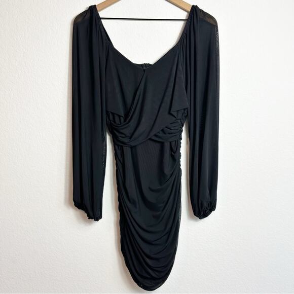 ZESICA WOMEN'S SEXY V-NECK BLACK BODYCON MINI DRESS WITH LONG SLEEVES LARGE NEW - Picture 2 of 10